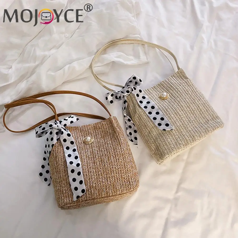 

New Fashion Summer Beach Travel Straw Woven Bag with Wave Dot Bow Decor Portable Pearl Clasp Shoulder Underarm Messenger Bags