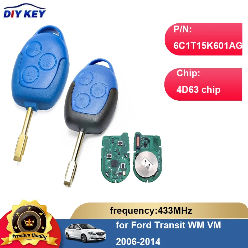 

DIYKEY For Ford Transit WM VM 2006-2014 Car Key 4D63/ ID83 Chip 433MHz 6C1T15K601AG 3 Button