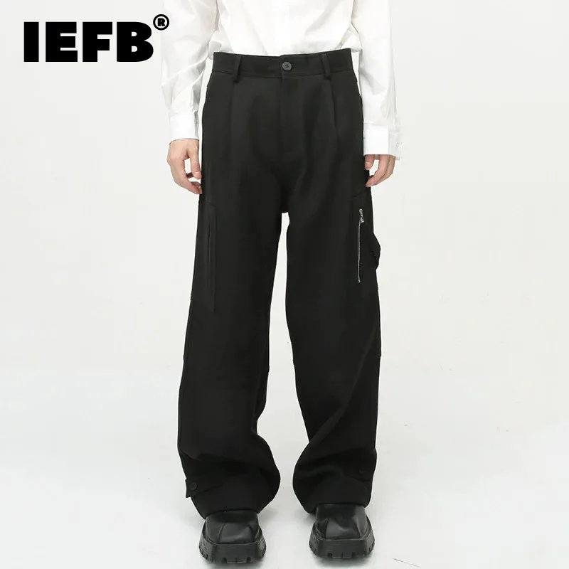 

IEFB Casual Overalls Men Trousers New Trendy Wide Leg Cargo Pants Loose Male Straight Zipper Solid Color Spring Tide 9C3649