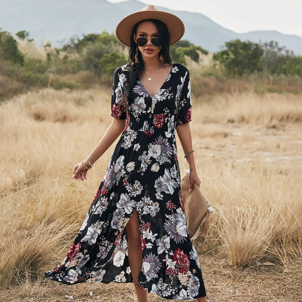 

Elegant Temperament Dress 2023 Summer Beach Bohemian Print Sexy V-neck Floral Long Dress Women Casual Comfortable Female Robe