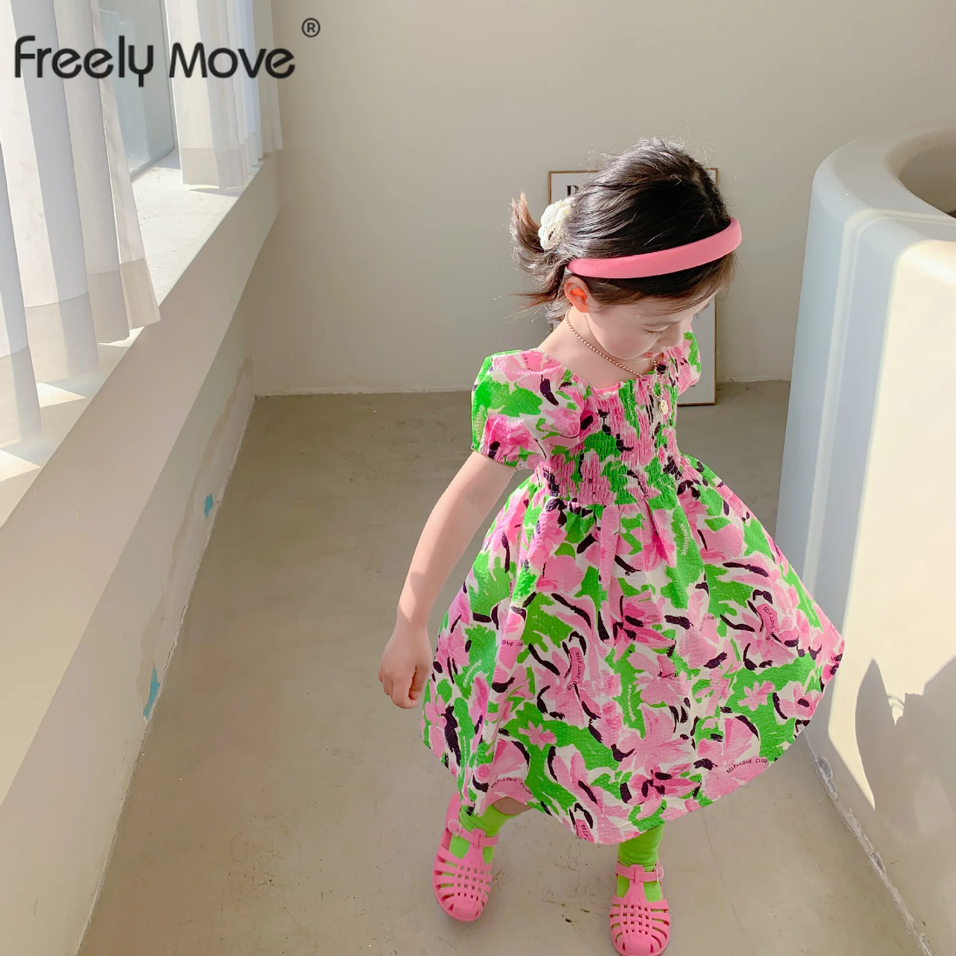 

Freely Move New Summer Kids Girls Dress Print Floral Short Sleeve Cute Dresses For Girls Fashion Princess Girls' Clothing 2022