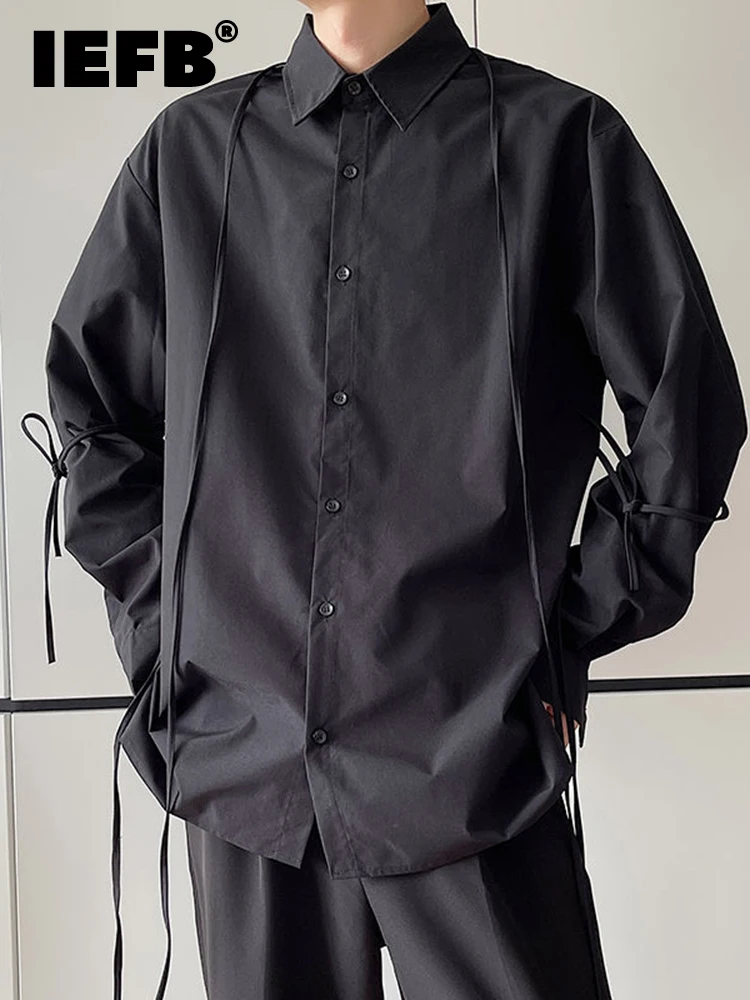 

IEFB Men Shirt Niche Deconstruction Design Ribbon Long Sleeve Fashion Korean Style 2023 Solid Color Darkwear Male Tops 9A4186