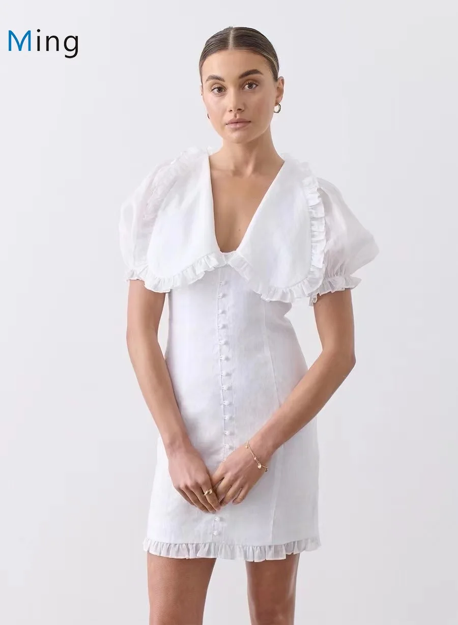 

Women Ruffles Doll Collar Short Lantern Sleeve Bodycon Short Linen Dress