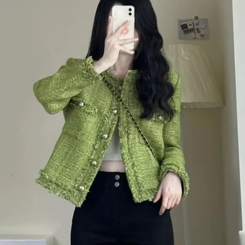 Новинка осени и зимы 2023 корейское однобортное короткое твидовое пальто женские