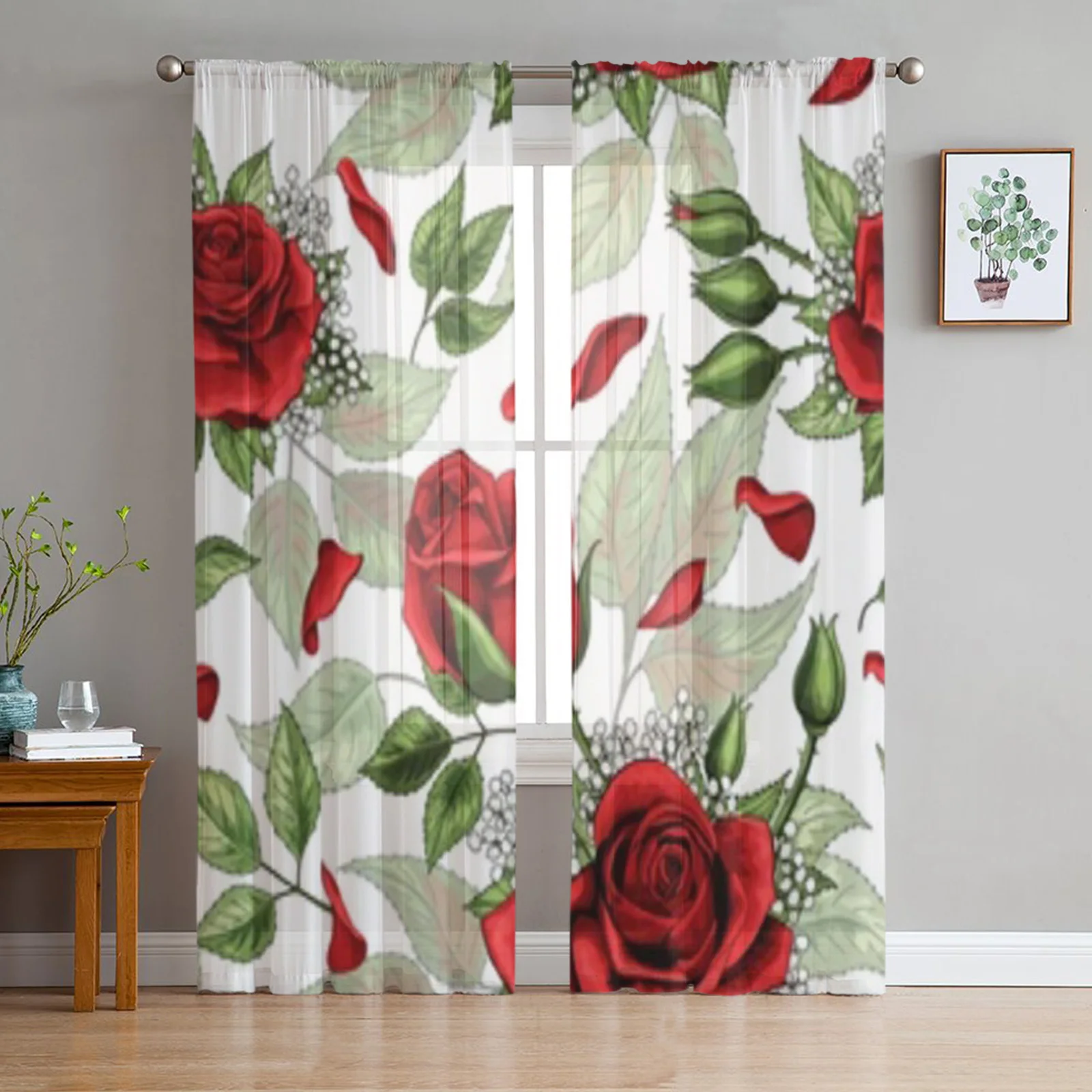 

Тюлевые шторы с буклетами красных роз и зелеными листьями, прозрачные Занавески для кухни, окна, гостиной, Современная вуаль, занавески для ...
