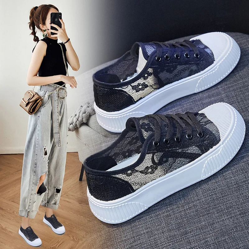 

2022 Summer New Thick Bottom Breathable Heightening Lace Up Solid Color Hollow Lace Mesh Women's Casual Sneakers Zapatos Mujer