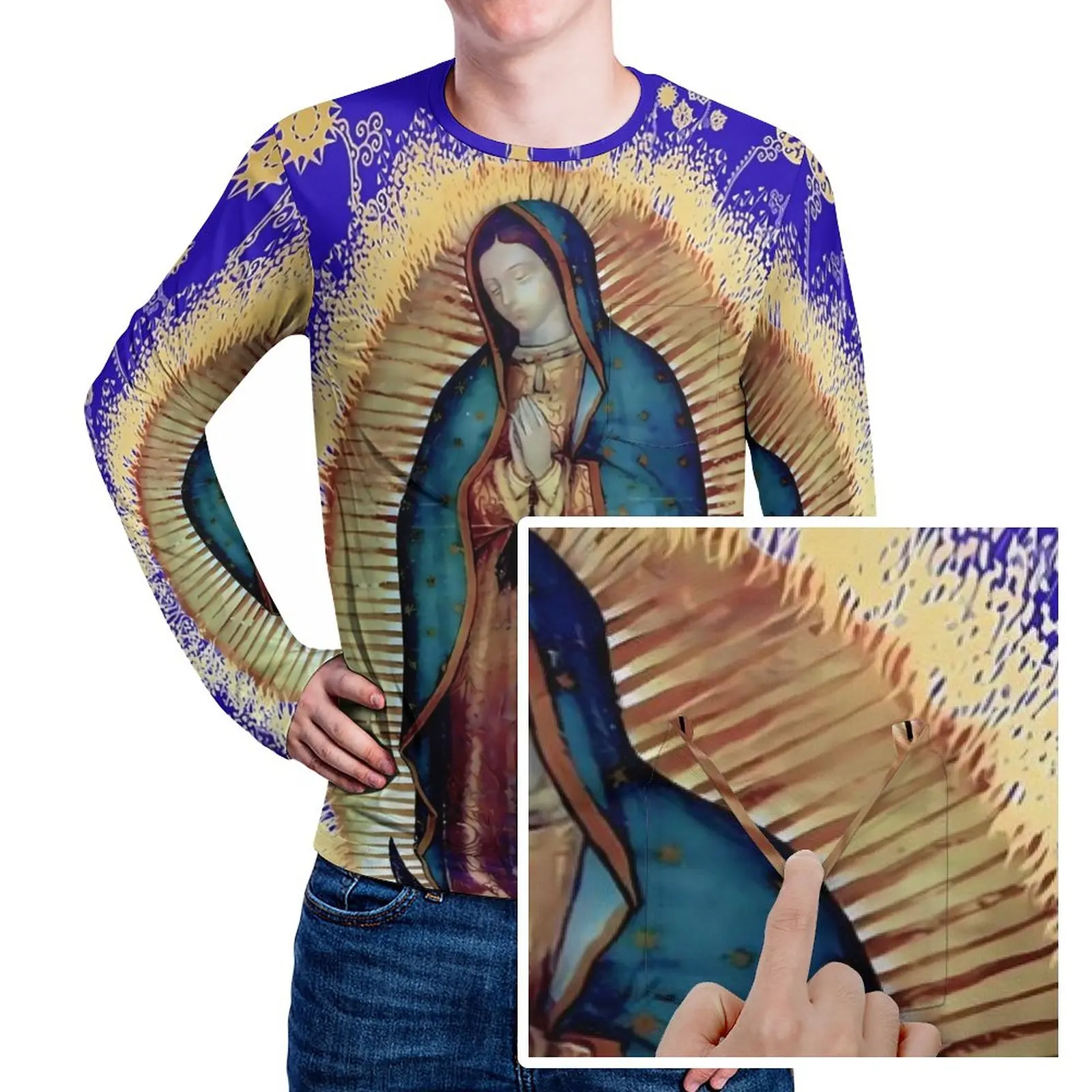 

Футболка с изображением девы Марии мексиканской, популярные футболки с карманами и длинными рукавами, Весенняя уличная одежда, топы