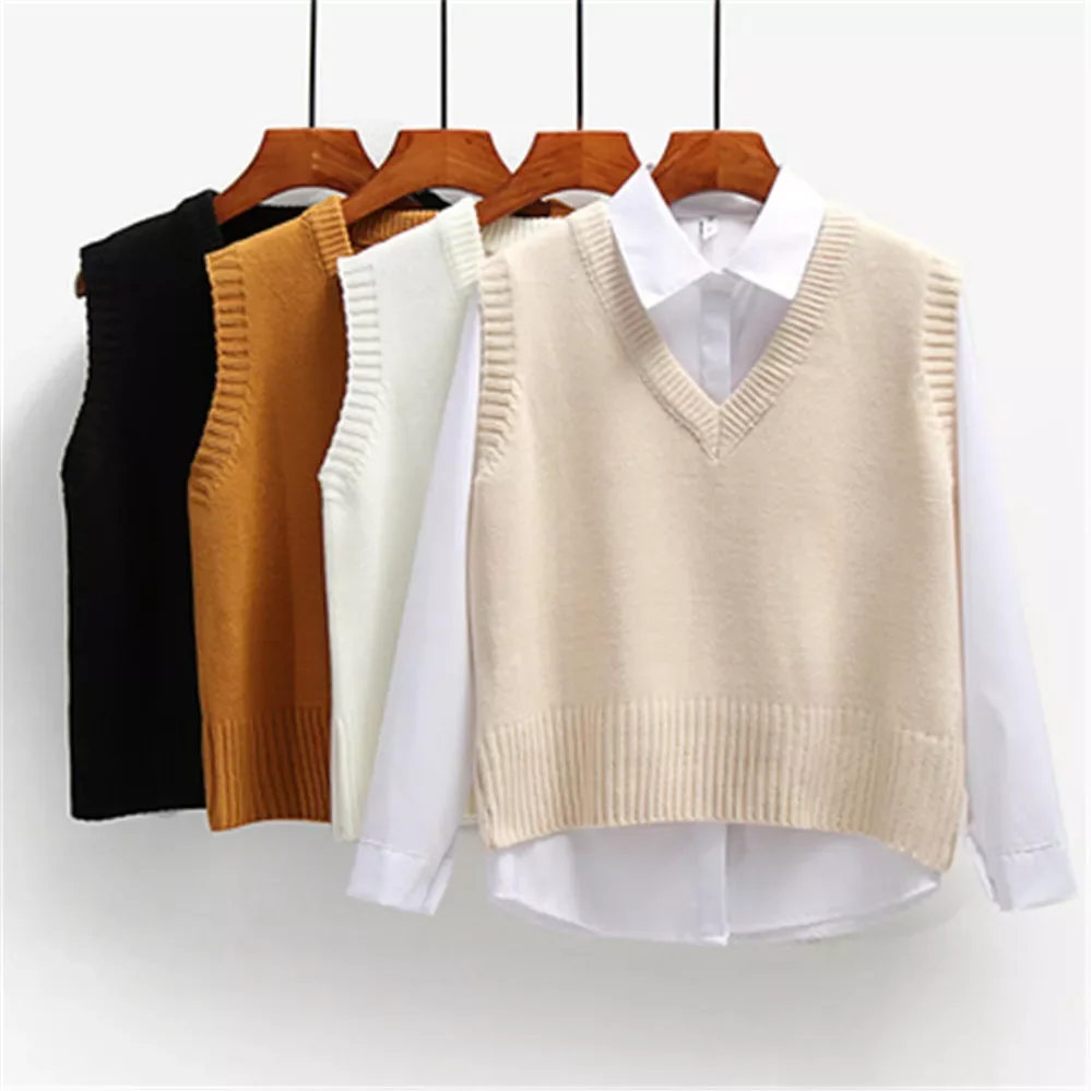 

Women Sweater Vest Spring 2021 Autumn Women Short Loose Knitted Sweater Sleeveless Ladies V-Neck Pullover Tops Female Outerwear