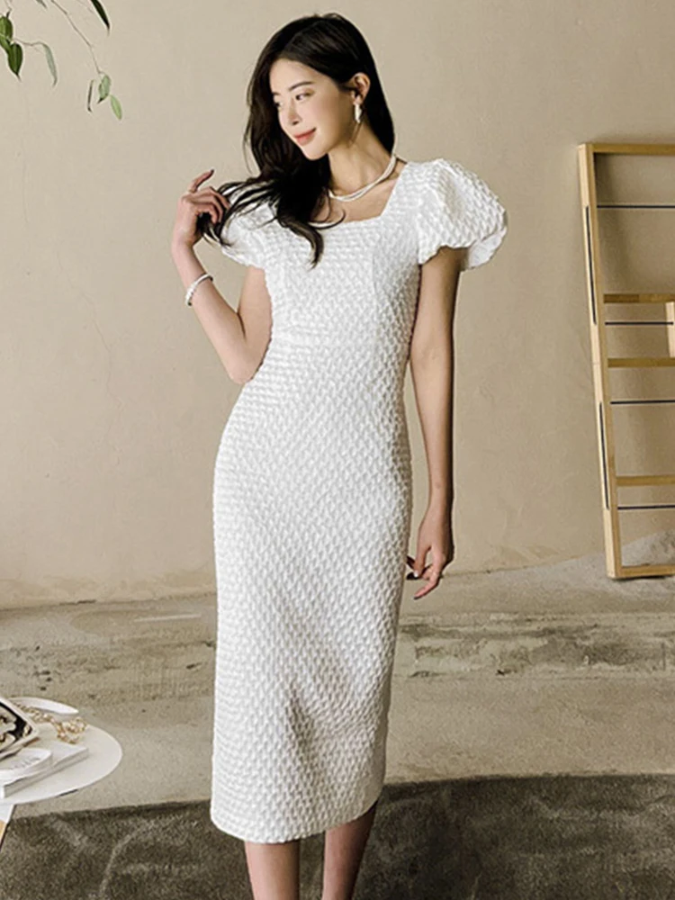 

White Elegant Women Evening Dress Embossing Square Collar Puff Sleeve Slim Midi Club Gown Robe Femme Mujer Vestidos Ropa Verano