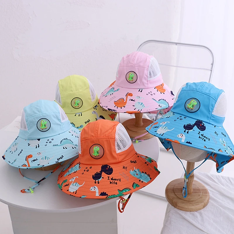 

Wide Brim Kids Bucket Cap Children Sun Hat Summer Beach Girls Travel Outdoor Fashion Cute Dinosaur Boy Casual Sun Hats