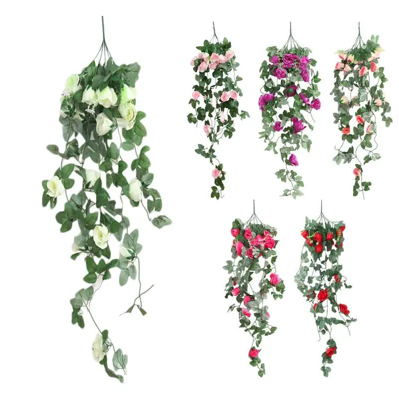 

Artificial Hanging Rose Flower Fake Rose Vine Hanging Plants Green Leaves Faux Flower For Wall Bedroom Wedding Garden Decoration