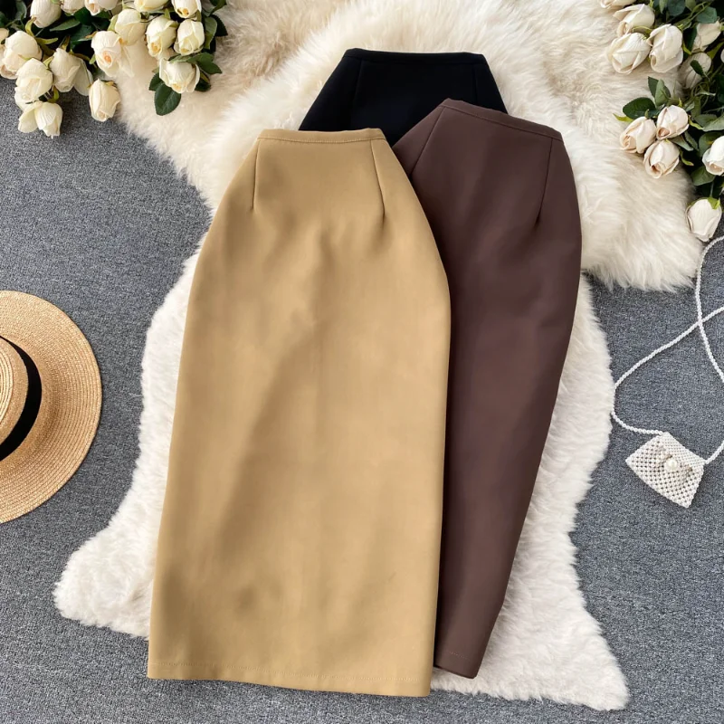 Женская офисная юбка с завышенной талией коричневая Повседневная