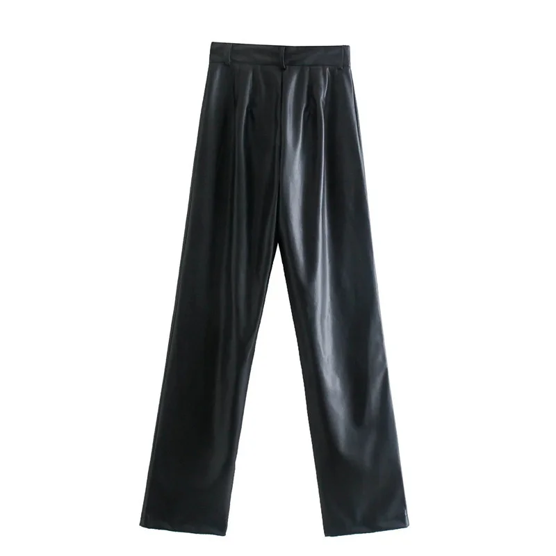 

fake leather pants black women's pants high-waisted woman's pants fall 2021 fashion streetwear leg loose pants