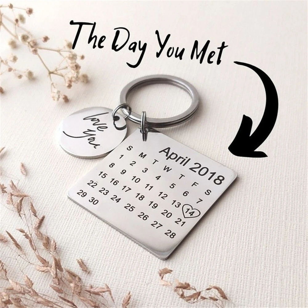 

Engraved Calendar Date Stainless Steel Keyring Personalized Custom Key Chain Ring Wedding Anniversary Gift for Boyfriend Husband