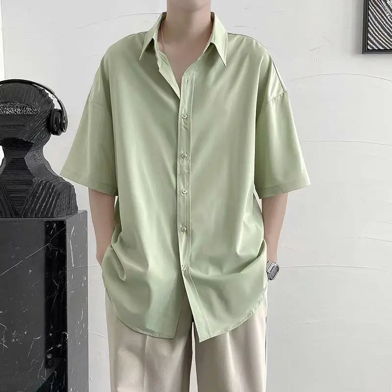 

2023 Top Quality Solid Summer Ice Silk Short Sleeve Turn-down Collar Business Casual Shirts for Men Clothing H01