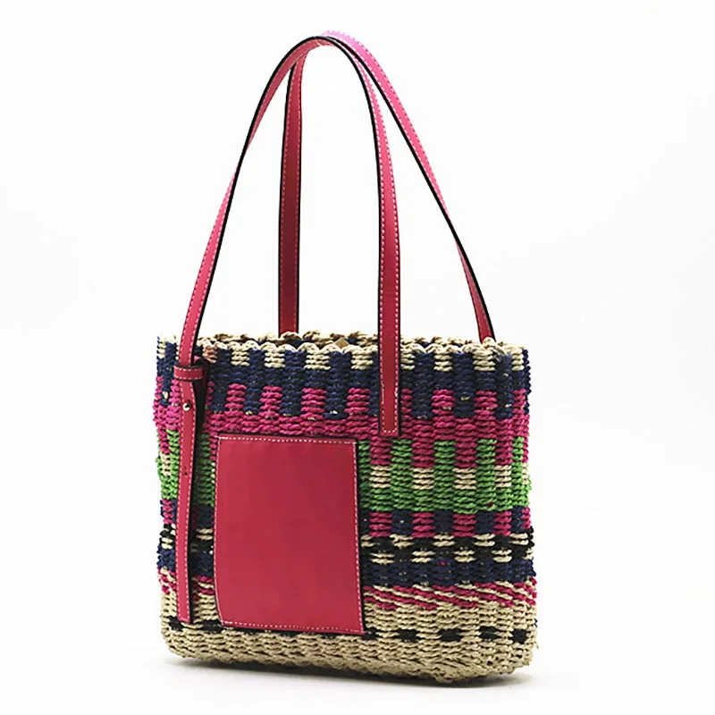

Женская Соломенная Сумка-тоут ручной работы, дизайнерская брендовая плетеная Сумка через плечо в разноцветную полоску, летняя пляжная боль...