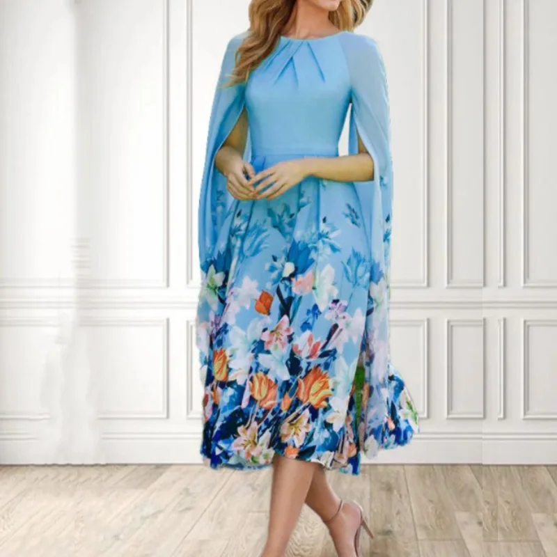 

Женское свободное богемное платье с круглым вырезом, весеннее модное платье с цветочным принтом, элегантное ажурное платье-трапеция с рукавом-накидкой, плиссированное платье, новинка