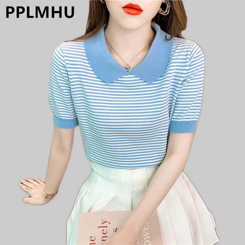 

Женская трикотажная футболка в полоску, с коротким рукавом