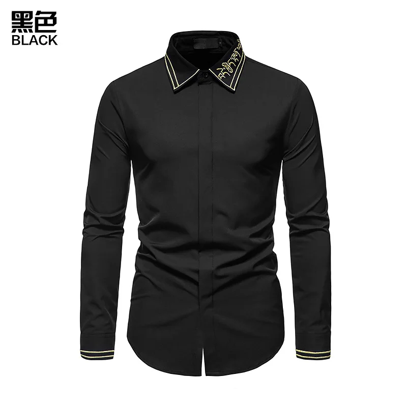 Men's Colorblocking Business Fashion Embroidered Long Sleeve Shirts Hollow Embroidery High Quality Shirts for Men 2022 New