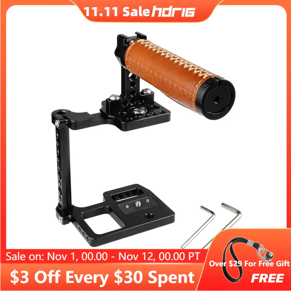 

HDRIG BMPCC 4K Camera Cage With Leather Top Handle And Shoe Mount with 1/4"-20 & 3/8"-16 Mounting Points for DIY Camera Cage