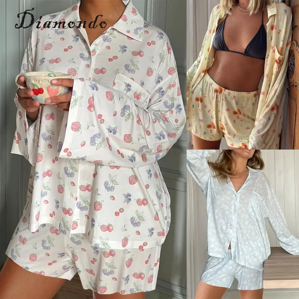 

Women 2 Pieces Pajamas Sets Long Sleeve Tops Shorts Set Casual Sleep Shirt Elastic Waist Shorts Loose Cozy Sleepwear Set
