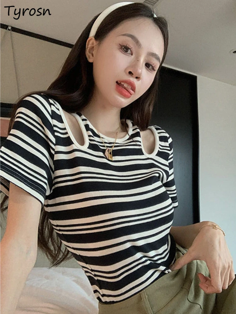 

T-shirts Women Design All-match Hollow Out Streetwear Comfortable Attractive Ulzzang Striped Classic Style Faddish Elegant Daily