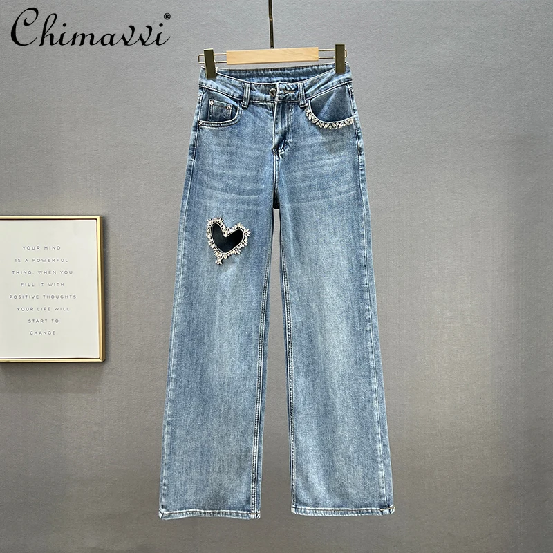 

Women's 2022 Spring Fall New Fashion High Street Wide-Leg Jeans Ladies Elegant High Waist Loose Slimming Hollow Mop Denim Pants