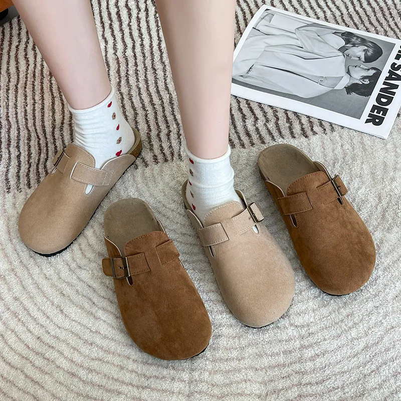 2023 Fashion Women's Leather Sandals Spring Summer New Frosted Cowhide Baotou Half Slippers Women Home Outdoor Slides Shoess