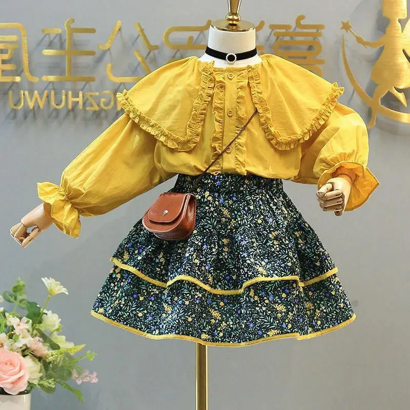 

2022 Spring&autumn Girls' Big Turn-down Collar Long-sleeved Dress+girls Babys Sweet New Casual Suit Lively Cute Floral Skirt