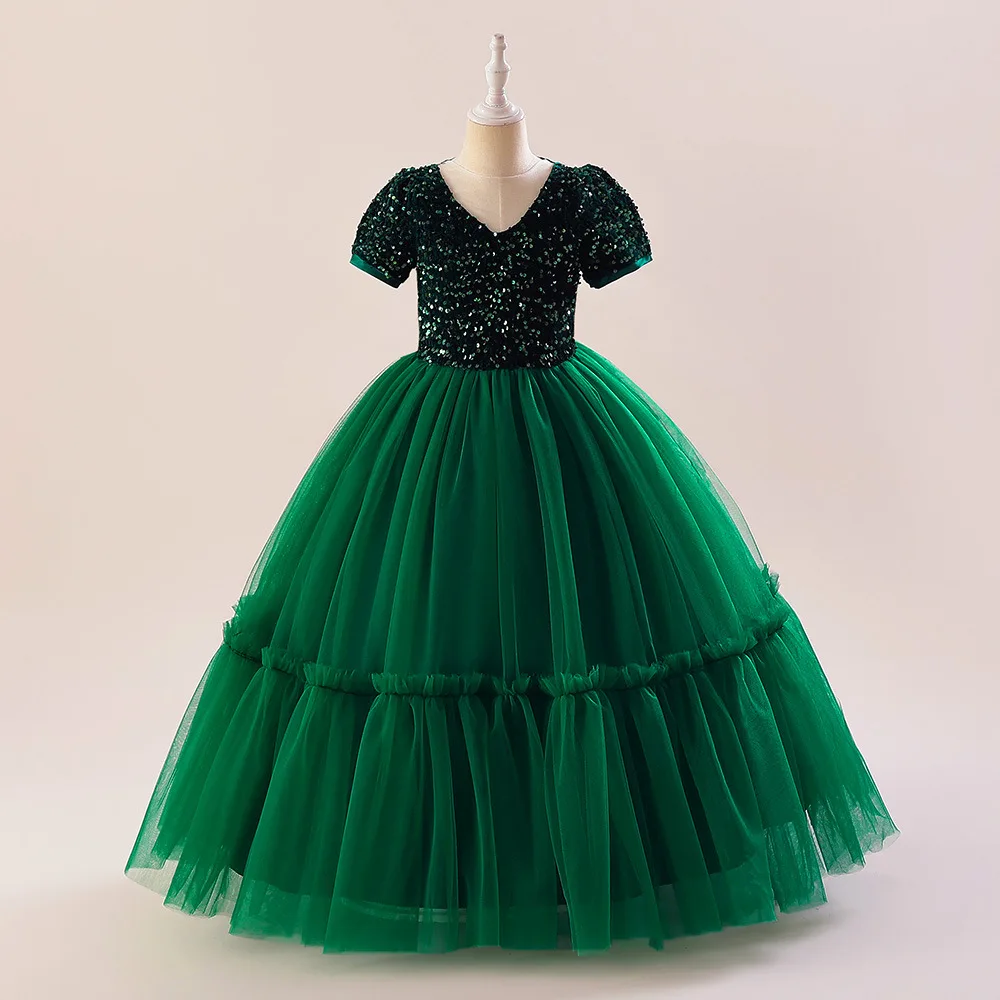

Green V Neck Short Sleeves Ballgown First Communion Party Prom Gown Floor Length Formal Wedding Bridesmaid Girl Dress 2023