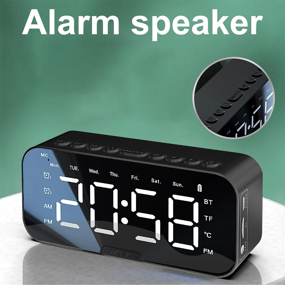 Wireless Bluetooth Speaker Desktop LED Mirror Alarm Clock Subwoofer SoundBar Support FM Radio TF Card Player Caixa De Som