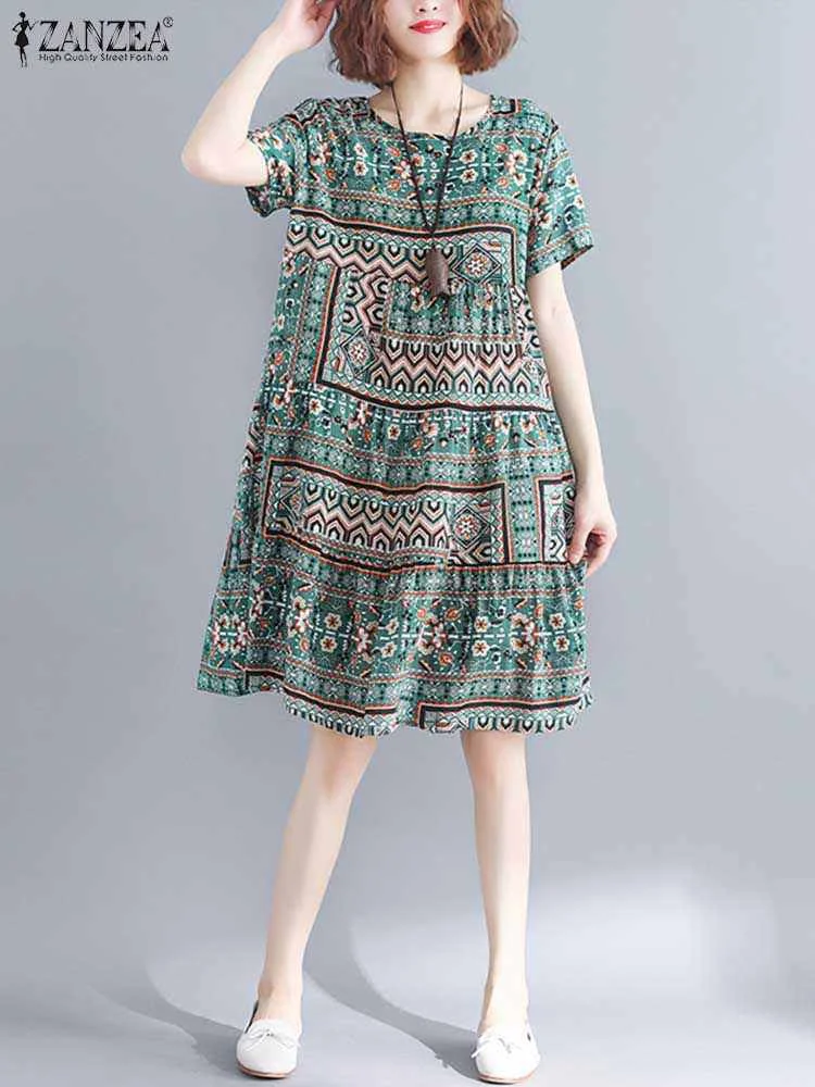 

2023 ZANZEA женское винтажное Повседневное платье до колен с коротким рукавом, богемное летнее пляжное платье с цветочным принтом, свободный Сарафан