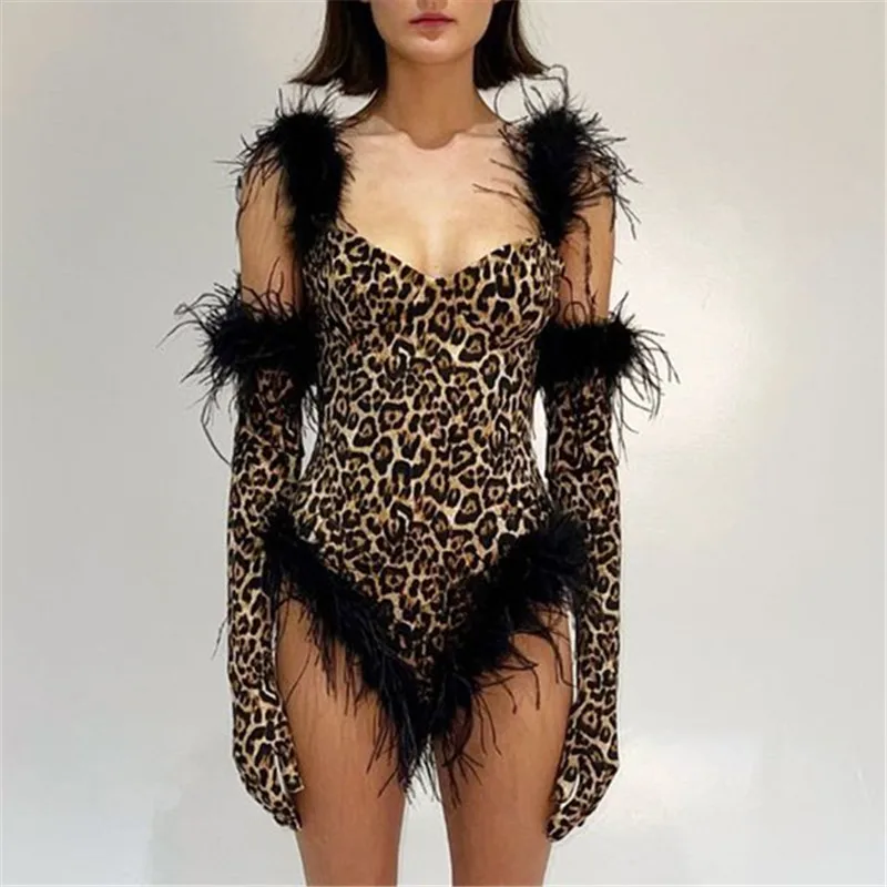 

Furry Feather Trim Leopard Bodysuit with Gloves