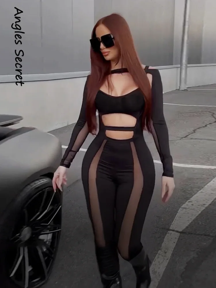 

Однотонный сетчатый комбинезон с длинными рукавами и открытой спиной Y2K