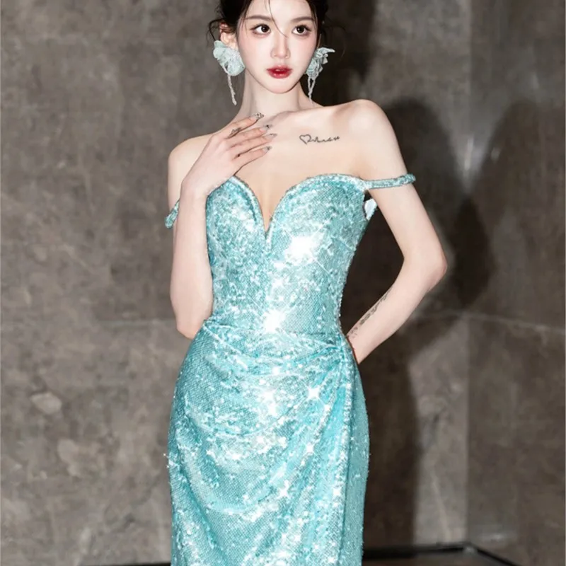 Новинка роскошное синее платье на одно плечо с блестками