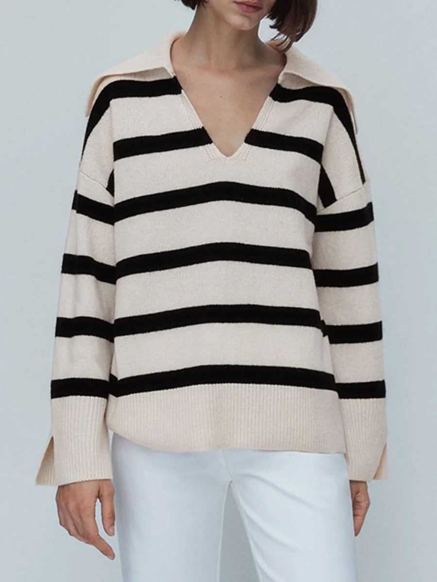 

Женский осенне-зимний Свободный пуловер в полоску с длинным рукавом