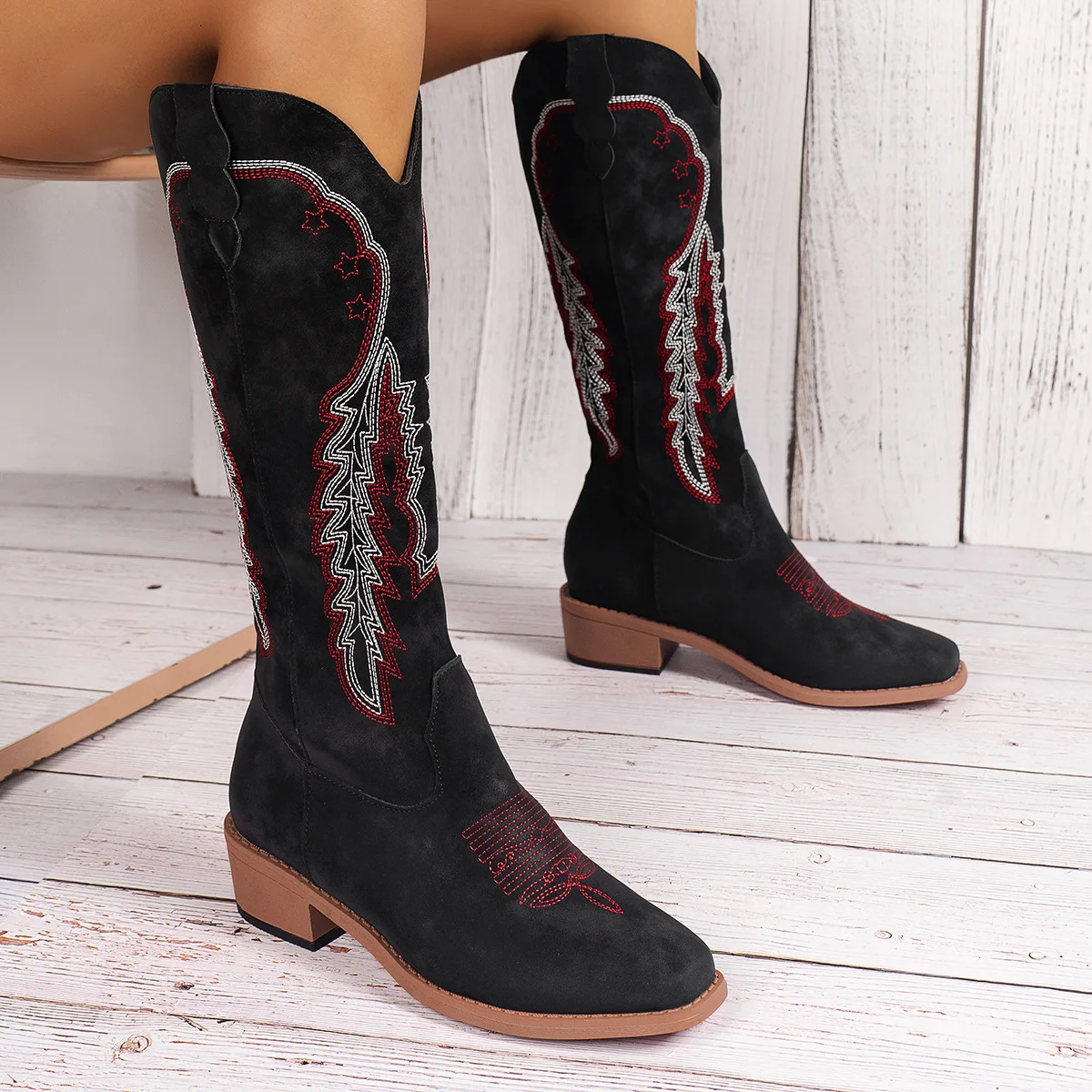 

2024 Natural Embroidered Women Boots New Handmade Pointed Toe Wedges Autumn Winter Long Boots Cowboy Western Retro Botas Gothic