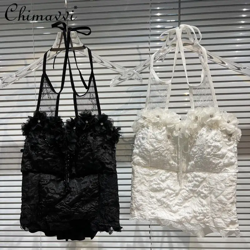 

2022 Spring Clothes New Fashion Petals Beaded Side Halter Strap Pleated Chest Pad Camisole Temperament Sexy Tank Vest Women