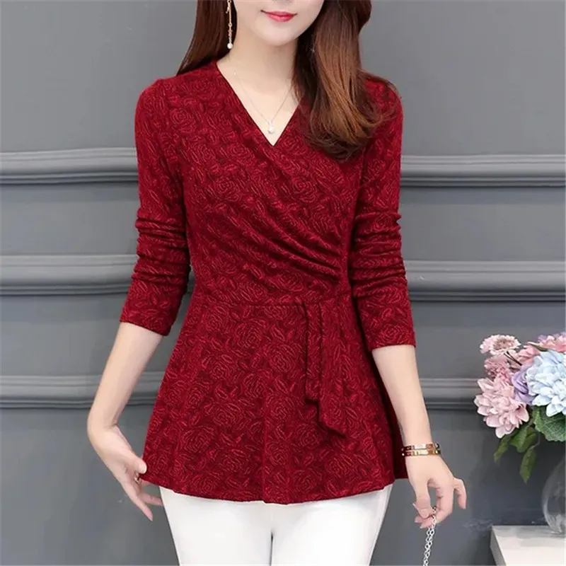 

Women's Blouse 2022 Spring Autumn Full Sleeve Elegant Female Lace Blouse V-neck Purple Tops Mother Shirts Casual Ropa De Mujer