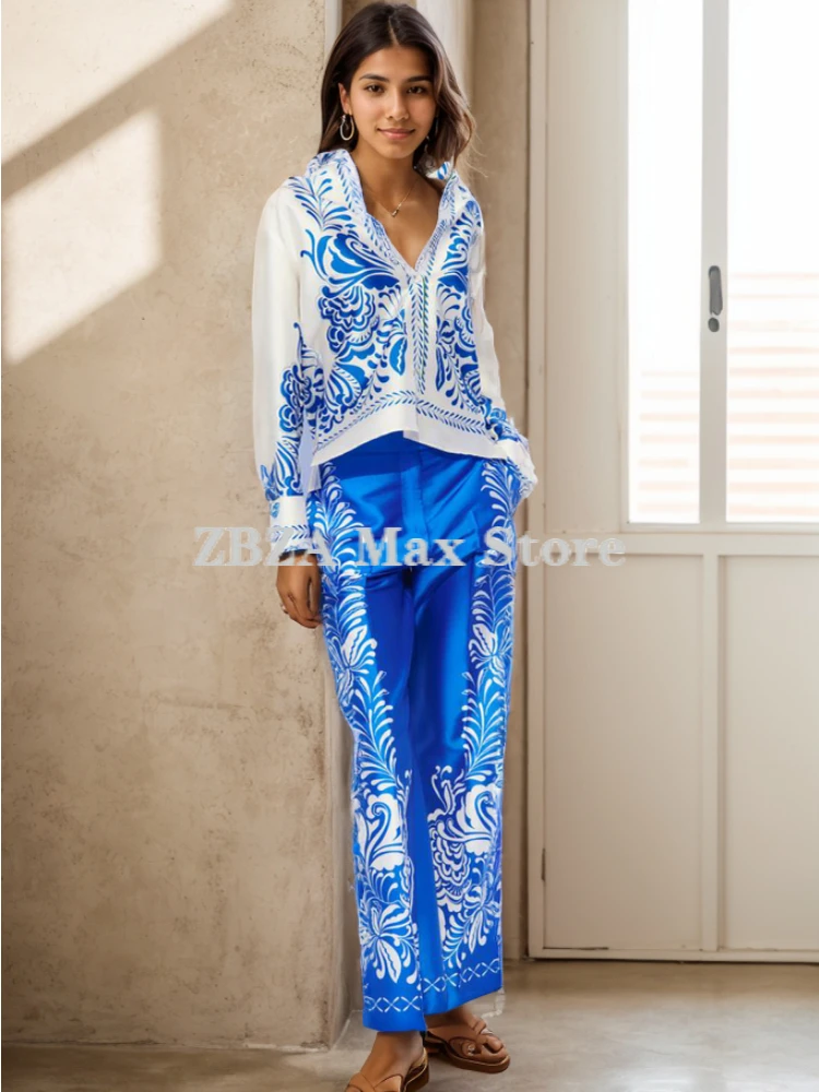 Zbza Женская Атласная Рубашка С Принтом И Широкие Брюки Комплект Высокой Талией