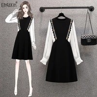 ehqaxin womens knitted dress fashion 2022 autumn new elegance stitching a line button long sleeve dresses for female m 4xl