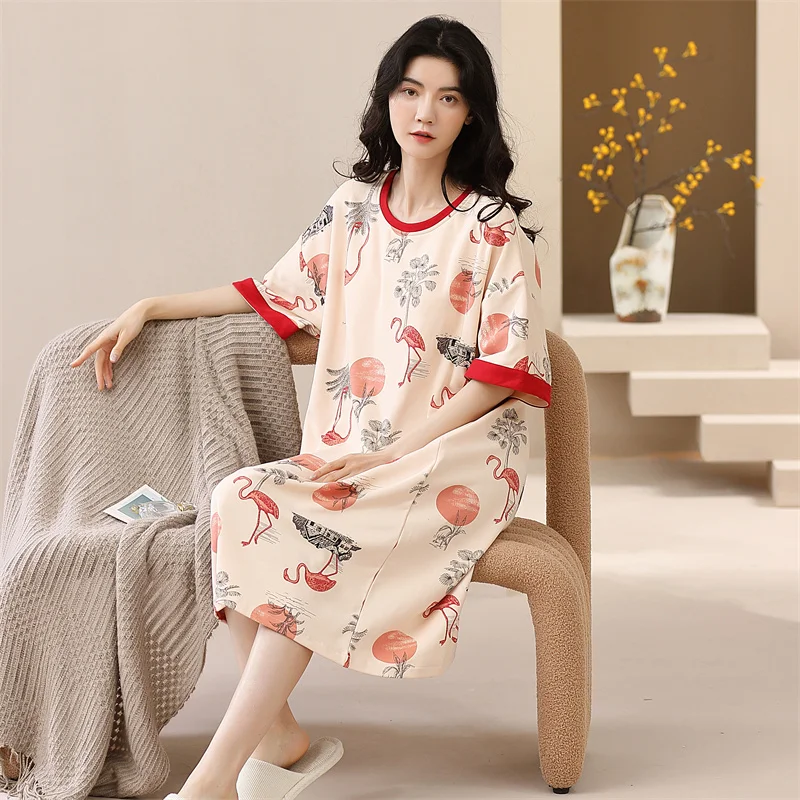 CAIYIER Big Size 5XL Women Cotton Nightdress O-Neck Short Sleeve Sleepdress With Chest Pad Casual Girls Summer Pocket Dresses