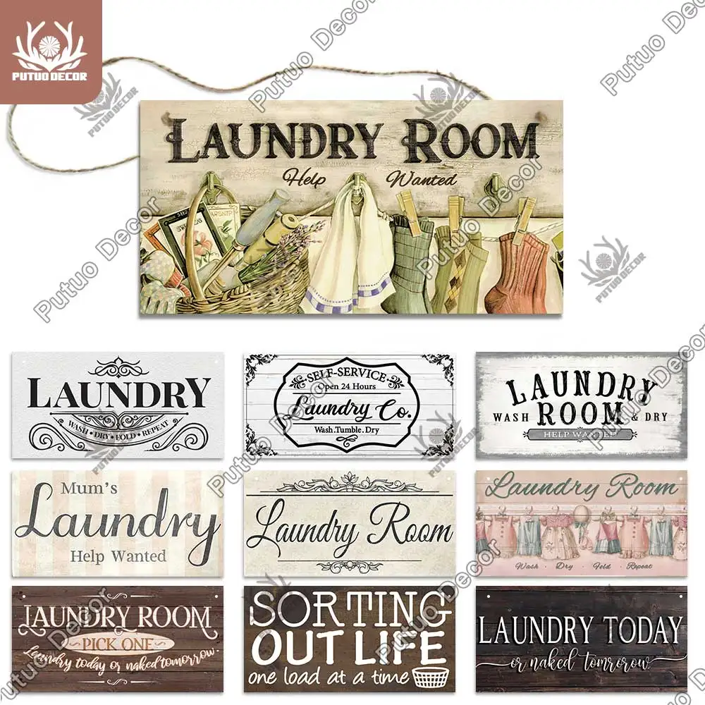 

Putuo Decor Laundry Wooden Signs Wood Plaque Wood Plate for Laundry Room Hanging Sign Washhouse Door Decoration Home WallDecor