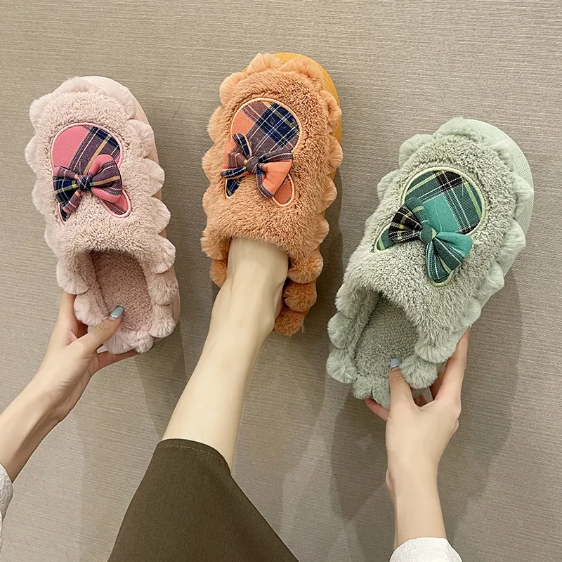 

Low Home Slippers Women's Slides Fur Shoes Winter Footwear Cover Toe Flock Butterfly-Knot Pantofle Platform Massage Plush 2022