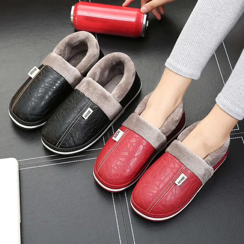 Winter Warm Pu Leather Waterproof Indoor Home Slipper Furry 