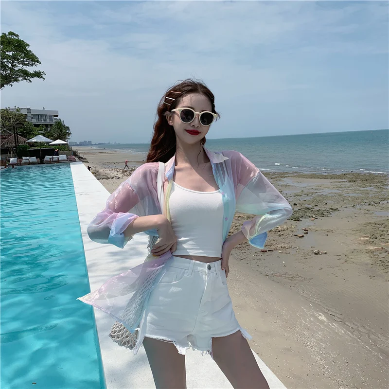 Women Blouses Tops T-Shirts Crop Beach Outing Vadim Ropa Mujer Kawaii Kimono Cardigan Blusas Kobiety Bluzki Sunscreen Clothes