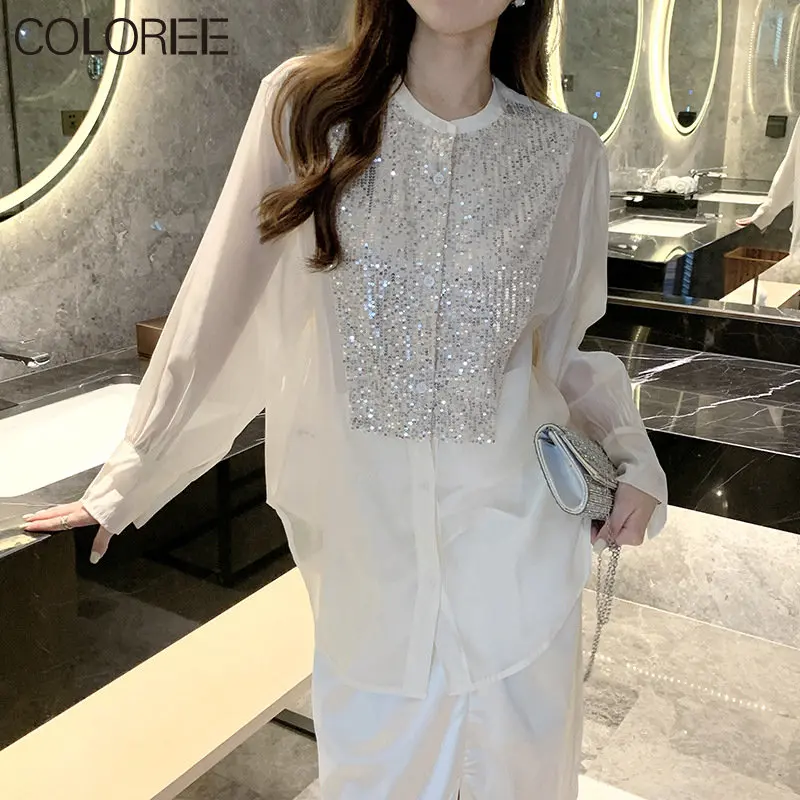 

Женская модельная рубашка с блестками, роскошная белая блузка большого размера с длинным рукавом, дизайнерские топы, весна 2023