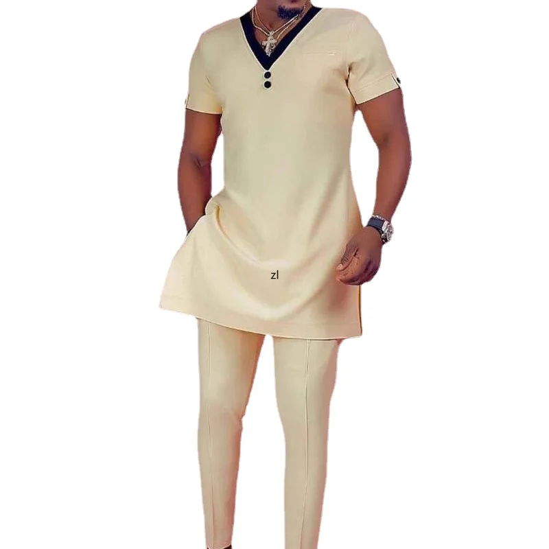 

Men's Two-piece Solid Color Simple RamadanAfrican Ethnic Style Men's Short-sleeved V-neck Casual Suit Ramadan 2022 New