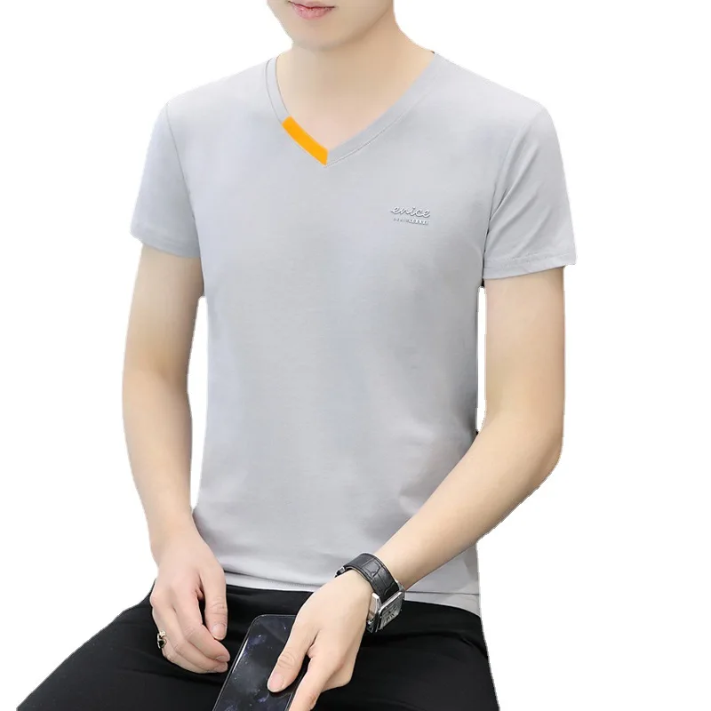 

2022 Men's Short Sleeve T-shirt Youth Slim Fit Cotton Ice Silk Casual Sports Half Sleeve T-shirt Bottoming Shirt V-neck Top