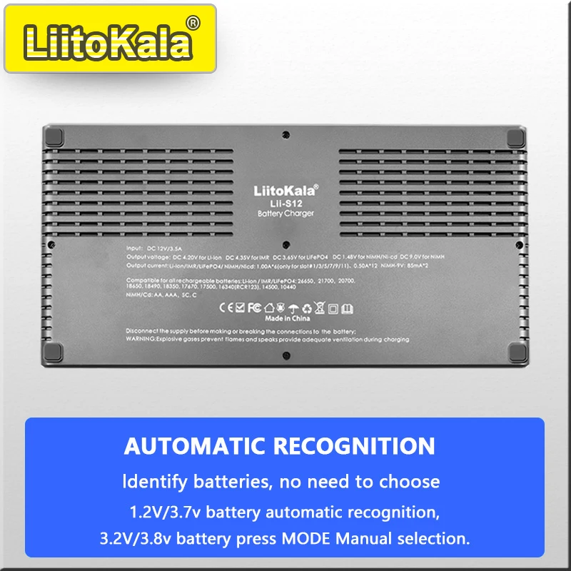 Фото LiitoKala Lii-S12 Зарядное устройство с ЖК-дисплеем и 12 слотами для литий-ионных/Ni-MH/Ni-Cd AA/AAA/18650, быстрая безопасная зарядка №2